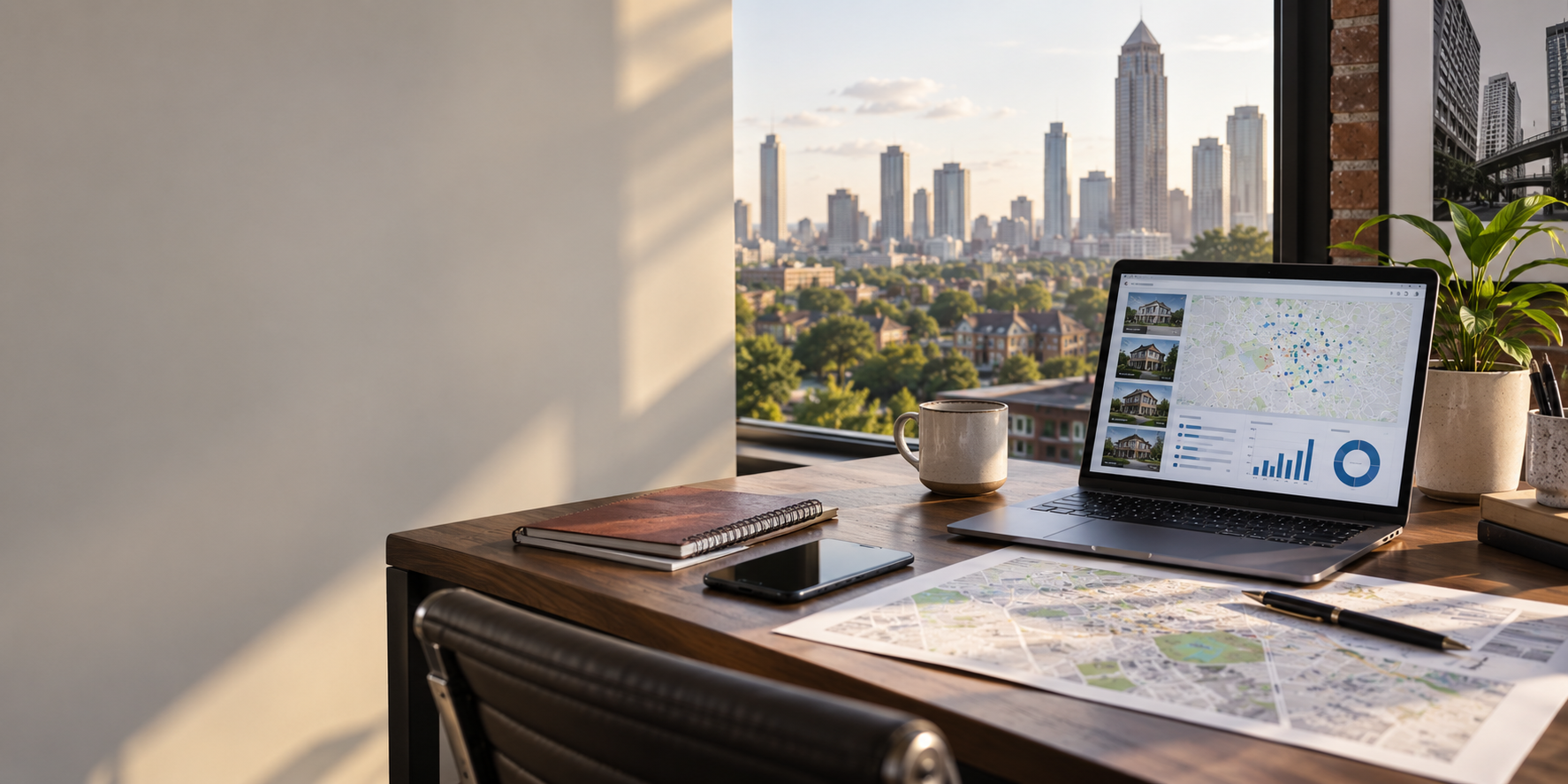 Real estate technology workspace overlooking an urban Georgia skyline